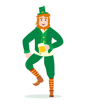 St Patrick's Day. Leprechaun holding a mug of beer in his hand. Greeting illustration with leprechaun's image