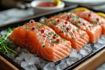Fresh raw salmon fish fillet on ice on black background top view. Healthy food full of omega 3 vitamins.