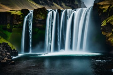A long exposure photo of Icelandic waterfall called Skogafoss It is known for its impressive height and the sheer power of its cascading waters. The waterfall is situated along the Sk?^3g?? River - obrazy, fototapety, plakaty