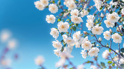 Spring banner with blooming white rose bush on a blue background.	