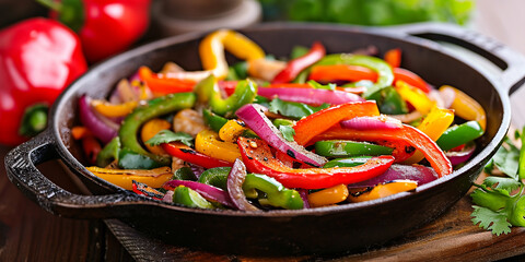 Fajitas with multi-colored bell peppers in a frying pan
