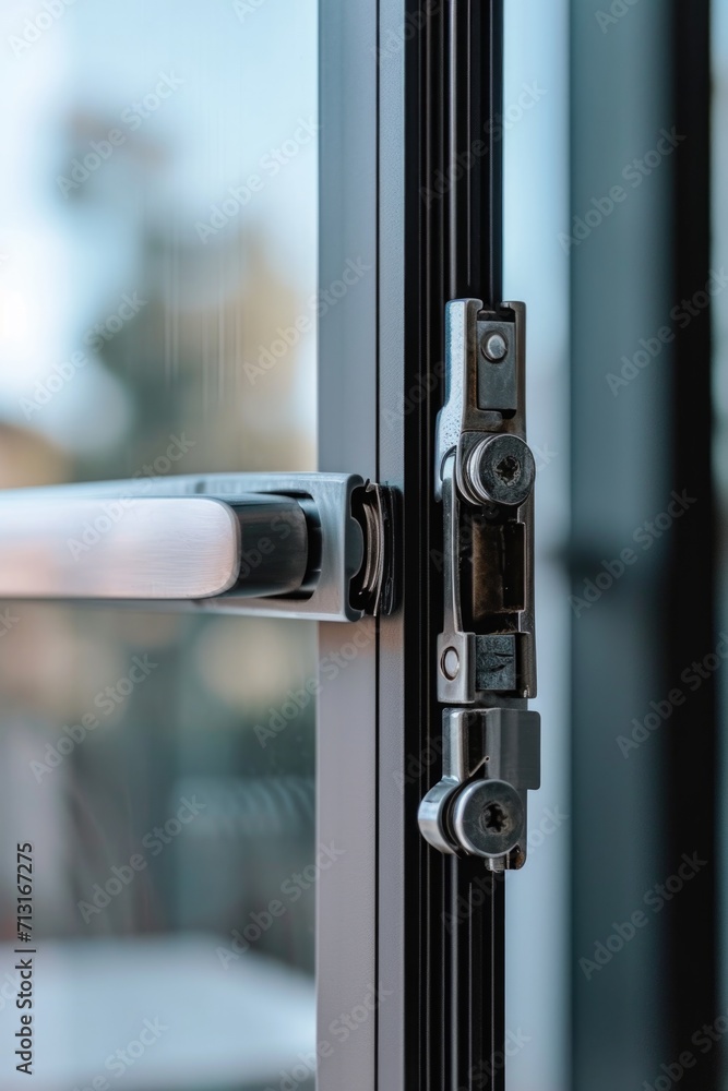 Poster A close-up view of a door handle on a glass door. This versatile image can be used to represent security, access, or entrance