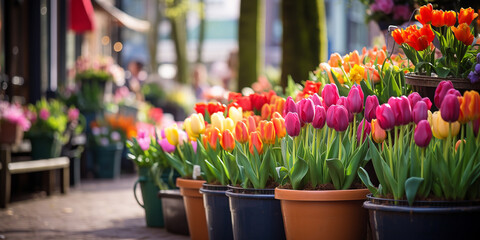 colorful tulips flowers in pots on the street in front of a store - obrazy, fototapety, plakaty