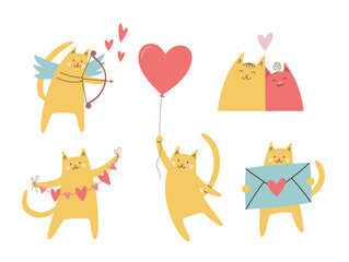 Cute romantic cats set. St Valentine's day vector illustration