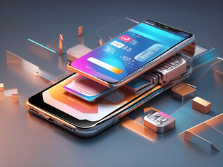 3D rendering. Futuristic online shopping technology digital payment from mobile phone design. - obrazy, fototapety, plakaty