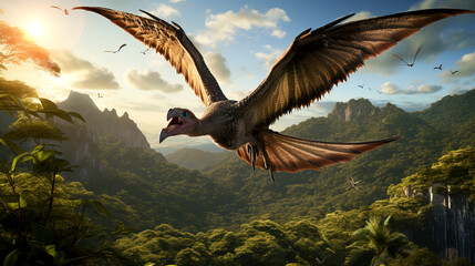 Soaring Pterosaur Over Primeval Forest Landscape created with Generative AI technology