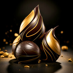 Chocolate candies on black background with golden confetti. 3d illustration - obrazy, fototapety, plakaty
