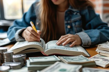 person writing in a book amidst stacks of cash and coins