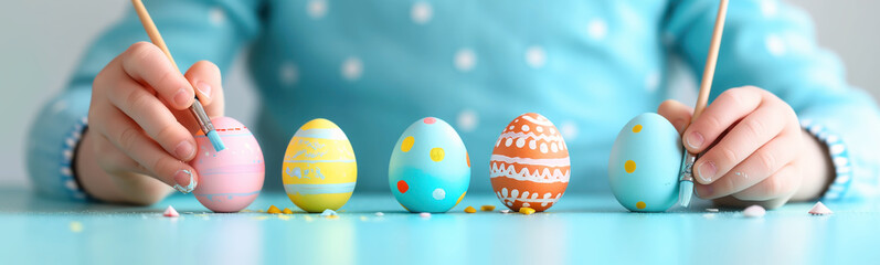 Happy child painting eggs by brush indoors. Easter concept.