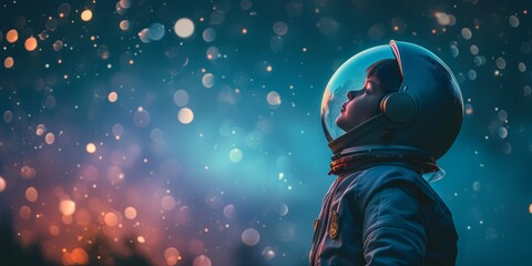Boy with spaceman costume looking to the night sky and dream about space exploration. Happy child dreams and bright future concept - obrazy, fototapety, plakaty