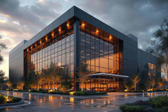 exterior of a modern small business unite with warehouse.