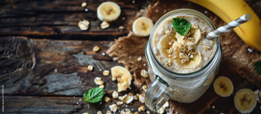Poster banana oatmeal breakfast smoothie in mason jar on wood table downward view. copy space image. place 