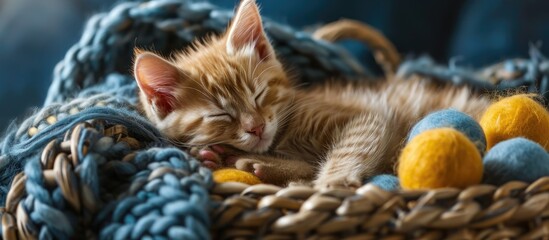 kitten sleeping resting in a basket of balls of yarn. Copy space image. Place for adding text