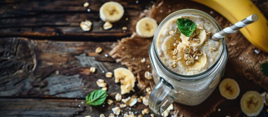 Obraz na płótnie Canvas Banana oatmeal breakfast smoothie in mason jar on wood table downward view. Copy space image. Place for adding text