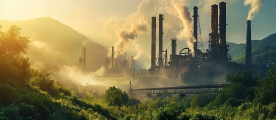 metallurgical plant landscape pollution of nature. Copy space image. Place for adding text