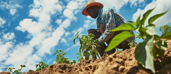 An african farmer is planting a pepper plant in the field photo from below. Copy space image. Place for adding text - obrazy, fototapety, plakaty