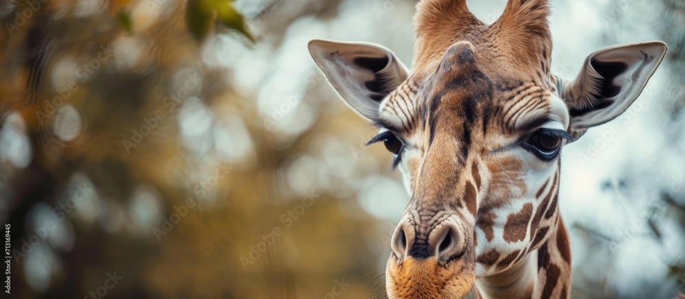 Aufkleber close up of the head of a giraffe showing a swollen chick. copy space image. place for adding text