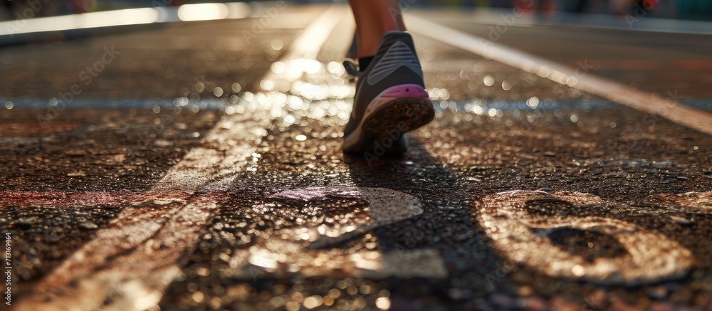 Poster a woman waiting to start on an athletics track with the year 2022 engraved on the floor. copy space 