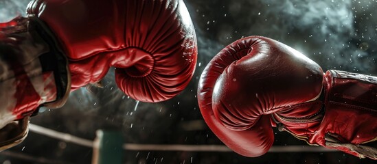 close up hand boxer and referee winner announced in boxing fight. Copy space image. Place for adding text