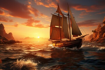 Fototapeta premium A majestic sailboat glides gracefully through the water, its mast reaching towards the vibrant sunset as it transports its passengers to a world of freedom and adventure