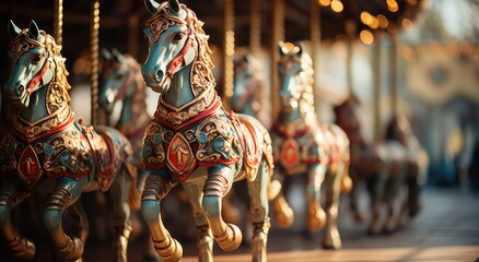 Vibrant horses gallop in a circle, creating a joyful rhythm on the carousel at the bustling outdoor amusement park - obrazy, fototapety, plakaty