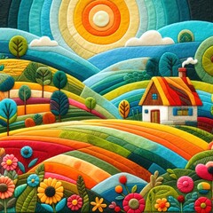 Picturesque landscape with rolling hills, a variety of flowers, a house, and bright sun in the sky.  Illustration in a style of felt art patchwork.