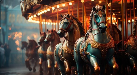 Fototapeta na wymiar Graceful horses prance in circles on a whimsical carousel, evoking childhood wonder and joy through their spirited ride