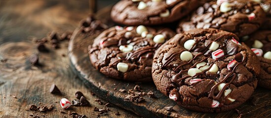 Freshly baked chocolate cookies with peppermint chips with a white chocolate drizzle on top. Copy space image. Place for adding text - obrazy, fototapety, plakaty