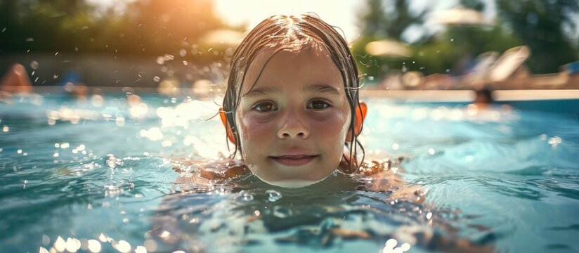 The girl is playing and learning to swim in a modern swimming pool Development of children s sports Healthy parenting and promotion of children s sports. Copy space image. Place for adding text