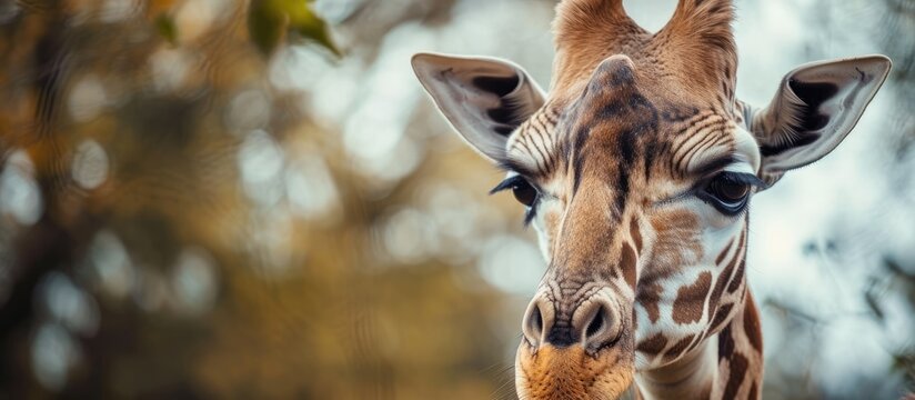 close up of the head of a giraffe showing a swollen chick. Copy space image. Place for adding text
