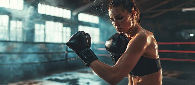 Female boxer punching focus pads while standing in a boxing ring Sporty young woman having a boxing training session in a gym. Copy space image. Place for adding text