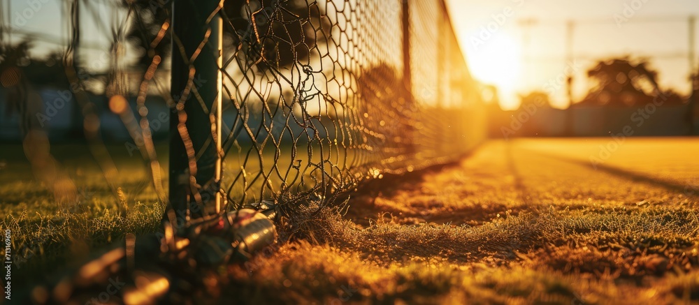 Poster a close up view of a grass practice cricket nets. copy space image. place for adding text