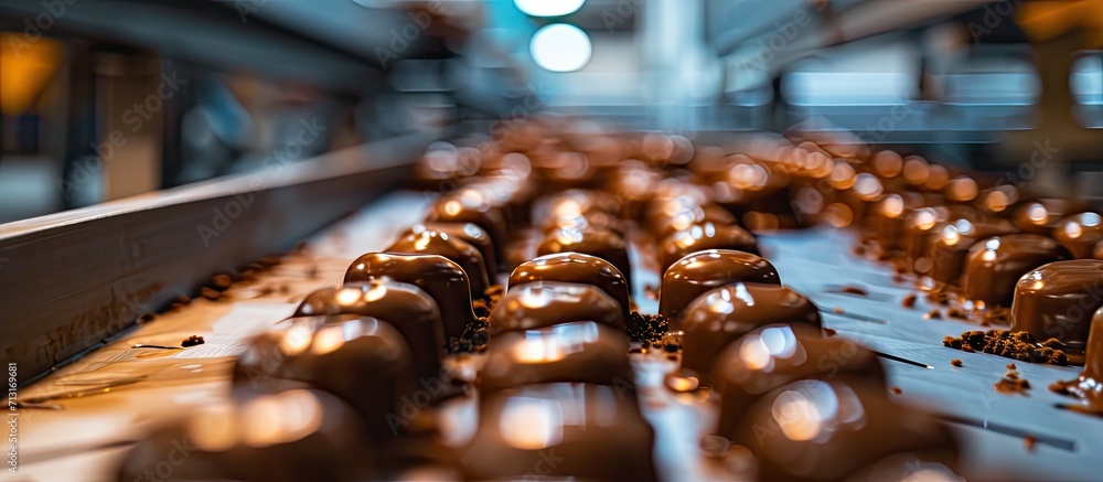 Poster production of pralines in a factory for the food industry. copy space image. place for adding text