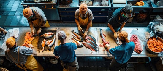 Midsection of workers slicing fishes at table. Copy space image. Place for adding text - Powered by Adobe