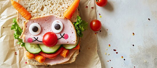 Fun food for kids cute smiling clown face on ham sandwich decorated with fresh cucumber carrots and tomatoes for a healthy lunch for children Creative cooking idea. Copy space image - obrazy, fototapety, plakaty