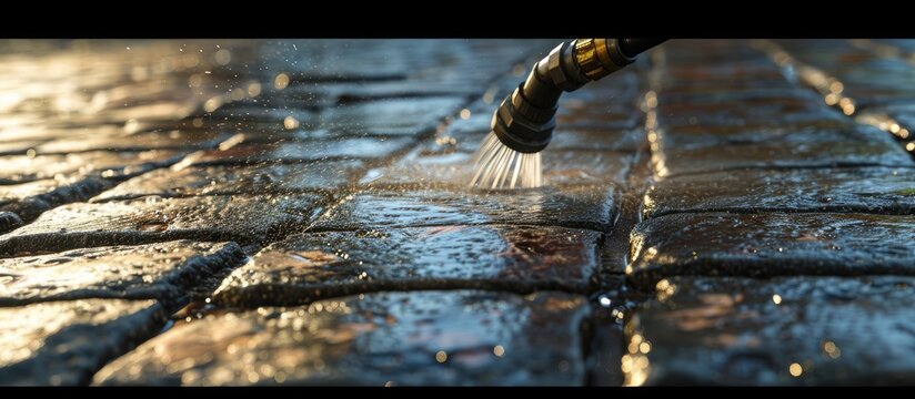 Detail of cleaning terrace with high pressure water blaster cleaning dirty paving stones. Copy space image. Place for adding text