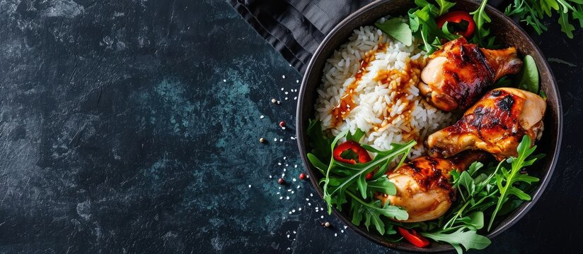 A bowl of delicious honey garlic chicken drumsticks with rice. Copy space image. Place for adding text