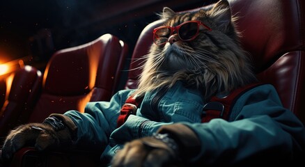 Amidst the sleek leather of an indoor chair, a cool cat dons sunglasses and lounges with a human's nonchalant ease - obrazy, fototapety, plakaty