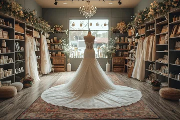 Fotobehang Mannequins in wedding and evening gowns in the bridal shop. © Tjeerd