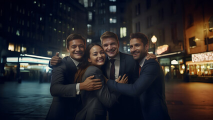 Happiness radiates as the business team shares warm hugs, savoring the success of their project, captures the camaraderie from their collective efforts. Generative AI.