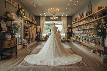 Mannequins in wedding and evening gowns in the bridal shop. - Powered by Adobe