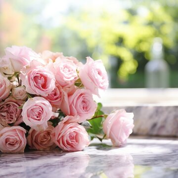 white marble table, blurred light bokeh rose garden background for product display studio mockup backdrop background