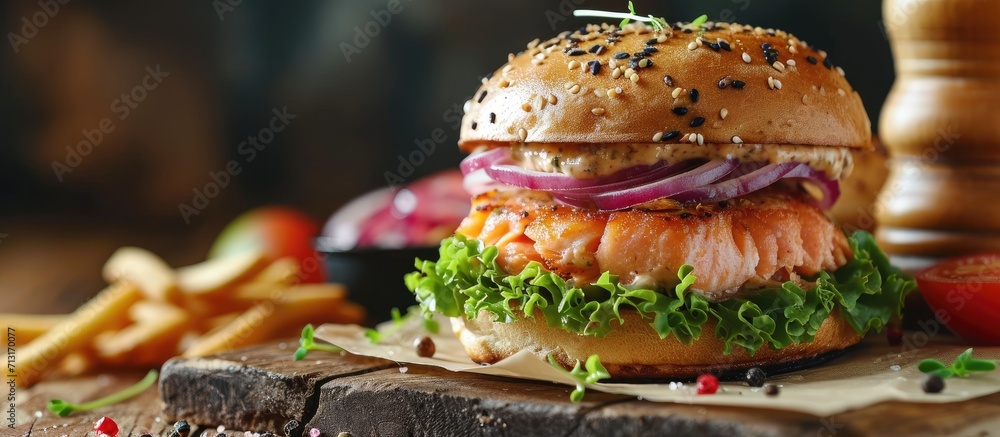 Poster Homemade Salmon Burger with Tartar Sauce and Onion. Copy space image. Place for adding text