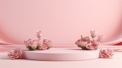Empty podium with pink rose flowers on pink background to display products
