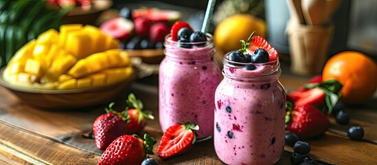 Health smoothie couple and fitness nutritionist with fruit healthy food and smile at home Nutrition breakfast and diet of a woman and man together with juice blender and happiness from cooking