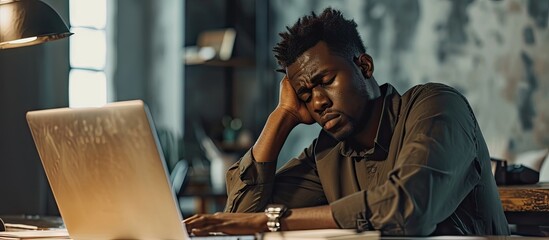 Stressed business man sitting at office workplace Tired and overworked black man Young african american exhausted men in stress working on laptop computer. Copy space image. Place for adding text - obrazy, fototapety, plakaty