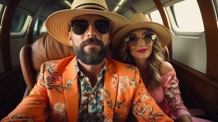 Smiling couple enjoying their vacation, couple enjoying airplane ride
