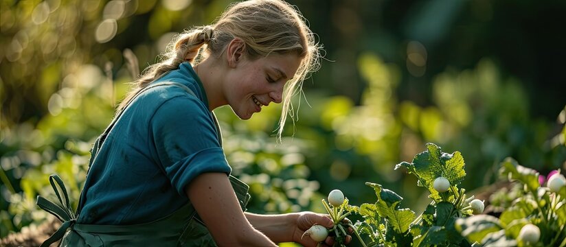 young blonde pretty woman with blue shirt and green apron harvesting white elongated icicle radishes from vegetable patch high patch and is happy. Copy space image. Place for adding text