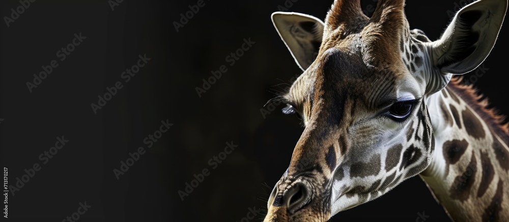 Poster close up of the head of a giraffe showing a swollen chick. copy space image. place for adding text
