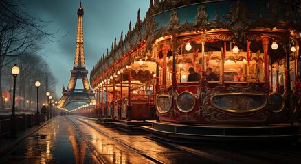 Fototapeta premium A dazzling carousel spins under the sparkling lights of a towering cityscape, as a tram glides through the snowy streets below, illuminating the wintry sky with bursts of electricity